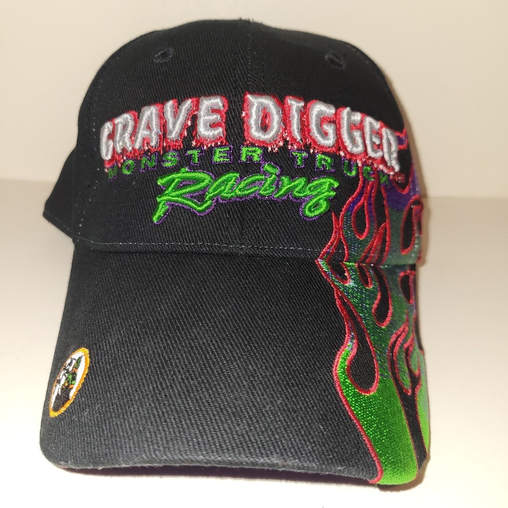 Y2K 2007 Grave Digger Monster Truck Racing Adjustable Hat Cap Flames OSFM